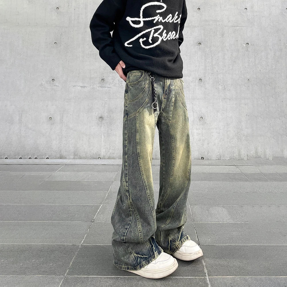 Vintage Flared Jeans Men Wide Leg Baggy Trousers Autumn New Streetwear Fashion Distressed Original Street Y2k Denim Pants Winter voguable