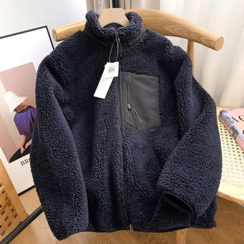 Autumn Winter Lambswool Coat Male Loose Windproof Warm Sherpa Stand Collar Polar Fleece Jacket Unisex Simple  Pocket Spliced Top voguable
