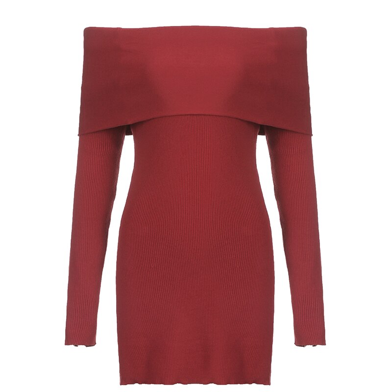 Red Slash Neck Slim Sweater Dress mysite