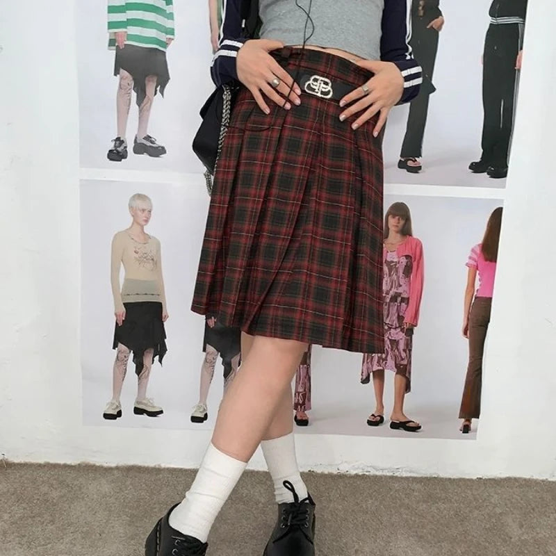 Women Pleated Plaid Skirt Vintage Preppy Style Mid Length Skirt Harajuku Korean Fashion Retro Japanese Classic Basic voguable
