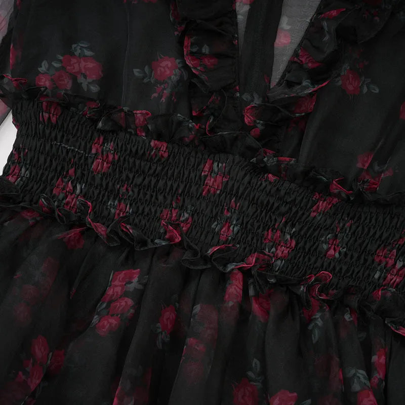 Mesh See-through Women Dress Zipper Flowers Edible Tree Fungus Design Stand Collar Full Sleeve 2025 Dresses Female voguable