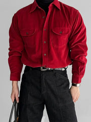 Korean High-end Shirt Temperament Red Corduroy Long-sleeved Shirts Men Women Spring Loose Lazy Trendy Tops Aesthetic Chic Blouse voguable