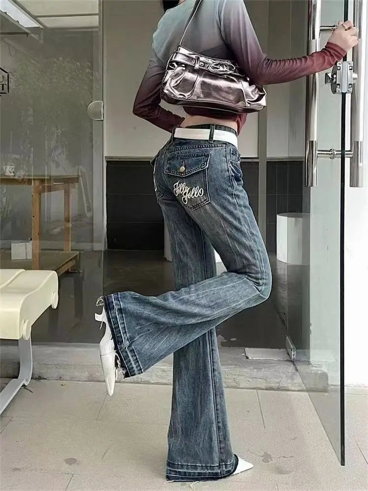 American High Street Spicy Girls Low Waist Jeans Women Autumn Vintage Y2k Design Sense Slim Fit Straight Tube Micro Flare Pants voguable