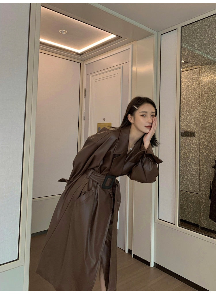 Long oversized leather trench coat for women long sleeve lapel loose fit Fall Stylish black women clothing streetwear voguable