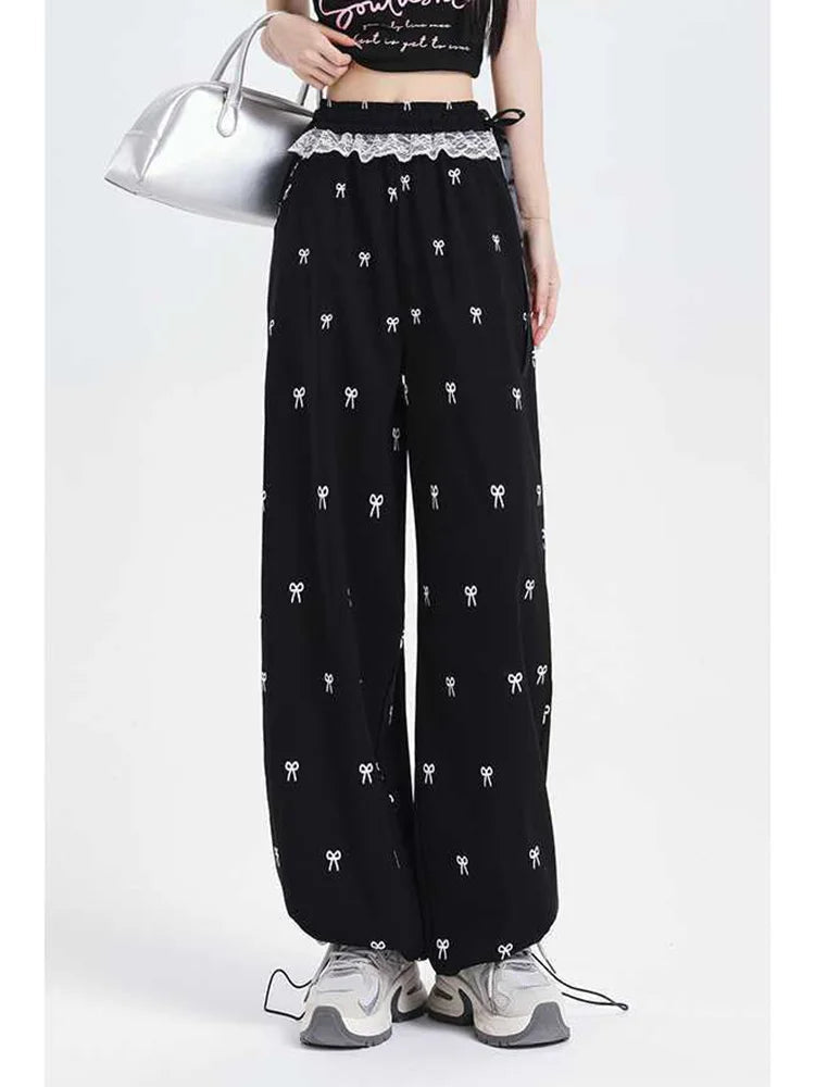 Bow Print Sweet Wide Leg Pant Women Loose Elegant Lace Patchwork Trousers Summer Vintage Cute High Waist Lady Casual Pants voguable