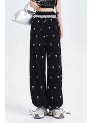 Bow Print Sweet Wide Leg Pant Women Loose Elegant Lace Patchwork Trousers Summer Vintage Cute High Waist Lady Casual Pants voguable