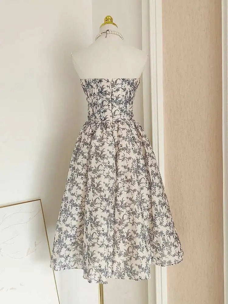 French Style Colory Print Mesh Strapless Women Dress Splicing Slim Fit A-Line Long Dresses 2025 Spring Summer New voguable