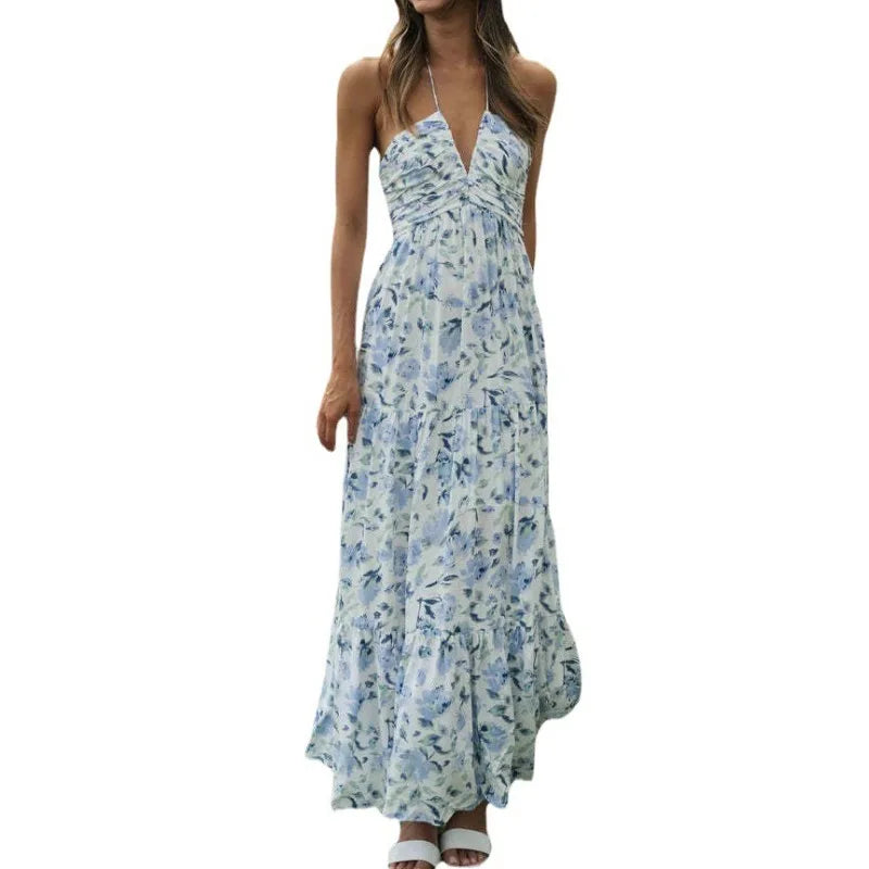Voguable  Women's Summer Chiffon Halter V Neck Sleeveless Floral Flowy A Line Maxi Dress Boho Backless Tiered Swing Long Beach Dresses voguable