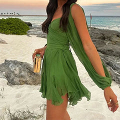 Voguable  Sexy V-Neck Women Long Dress Stylish Sleeve Mini Hollow Out Lace Up Casual Holiday Pleated Vestidos Waist Tight Slim Solid Dress voguable