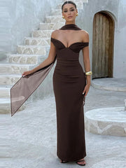 Elegant Off-shoulder Backless Sexy Maxi Dress Women Gown Fashion Scarf Collar Sleeveless Bodycon Club Party Long Dress voguable
