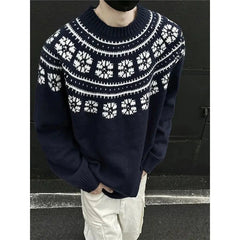 Vintage Navy Blue Sweater Jacquard O-Neck Knit Pullover New Autumn Winter Loose Couple Knitted Sweater Tops Aesthetic Streetwear voguable