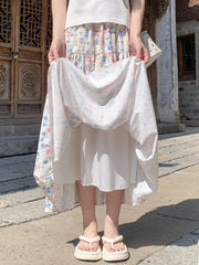 Voguable  Summer Korean Style A-line Floral Skirt Woman All Match Elastic High Waist Midi Skirt for Women Sweet Print Patchwork Cake Skirt voguable