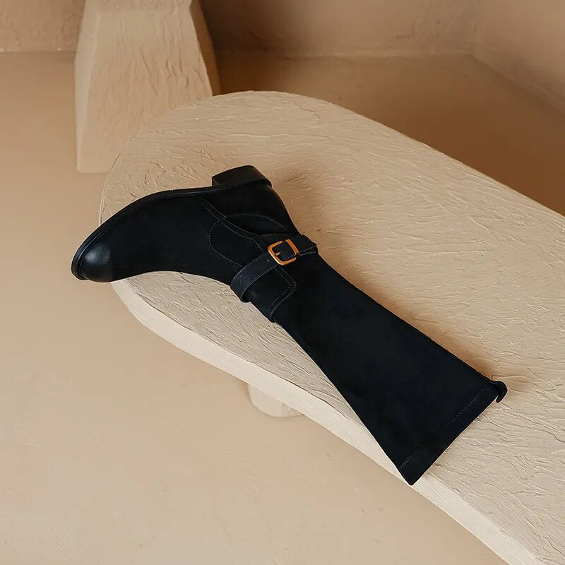 New Vintage Women Knee-High Boots Cow Suede Leather Thick Heels Office Ladies Working Shoes Woman Autumn Winter Retro Style voguable