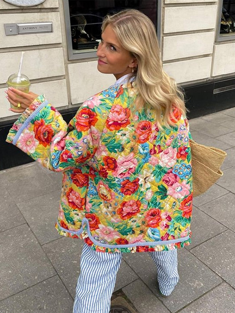 Vintage Print Thick Cotton Jacket Women Loose Flare Sleeve Autumn Winter Jacket Female Fashion O-Neck Ladies Outwear New voguable