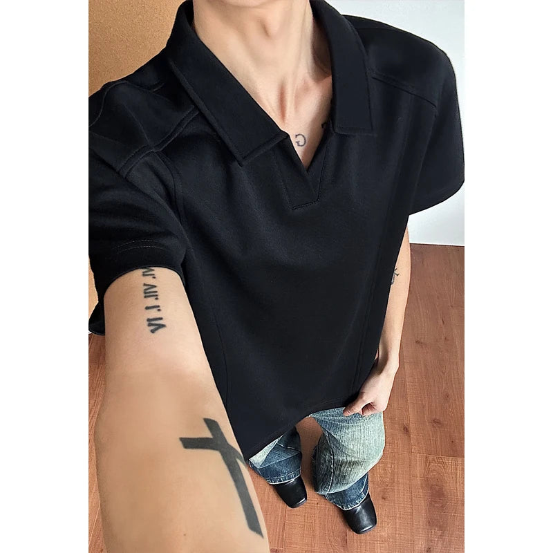 Voguable  Men Oversized Drop Shoulder Polo Shirt, Summer Breathable Short Sleeve Top, Minimalist Loose Fit Curved Hem Casual Wear Clothing voguable