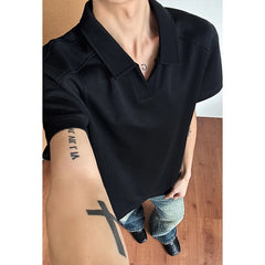 Voguable  Men Oversized Drop Shoulder Polo Shirt, Summer Breathable Short Sleeve Top, Minimalist Loose Fit Curved Hem Casual Wear Clothing voguable