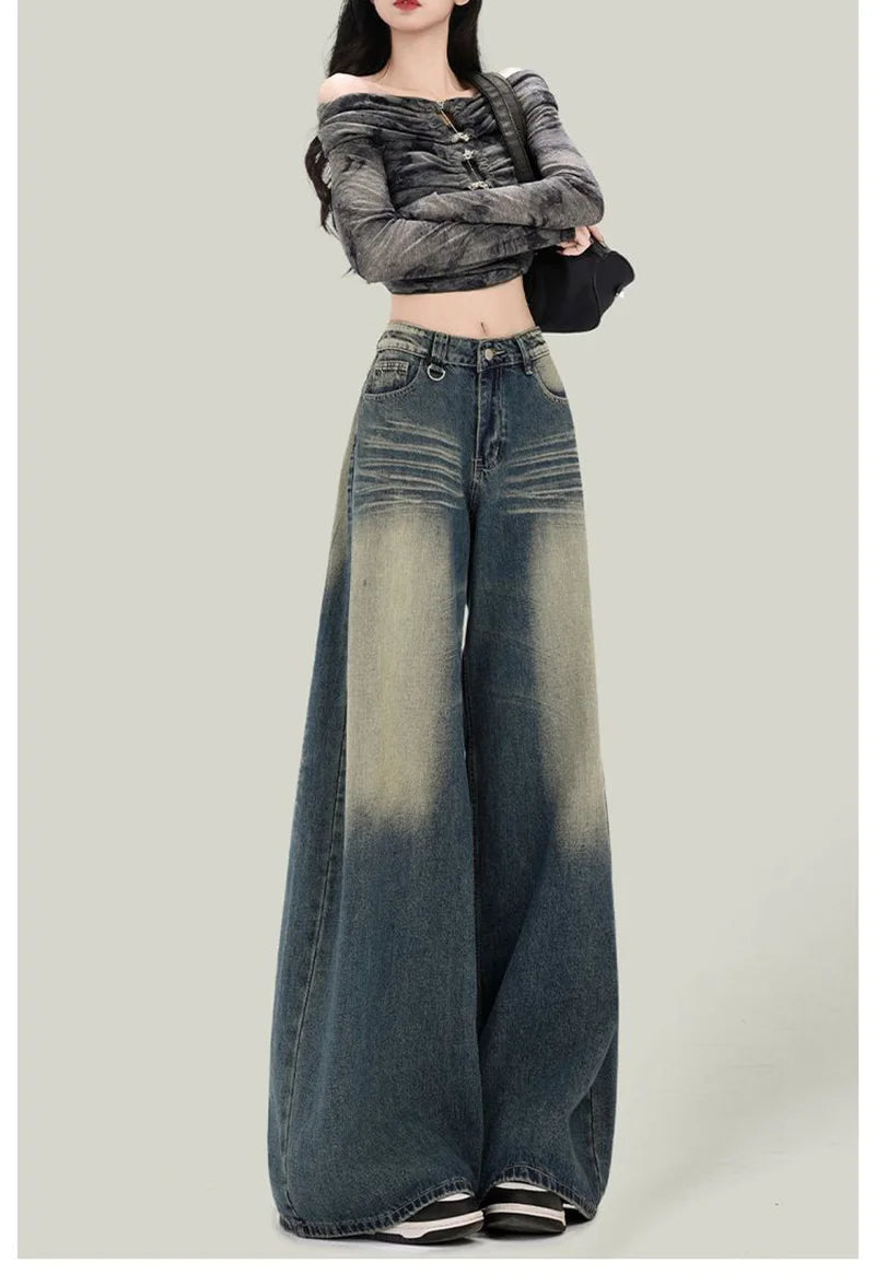 Women Streetwear Retro Jeans Loose High Waist Y2K Denim Pants Casual American Harajuku Fall Female Pockets Wide Leg Trousers New voguable
