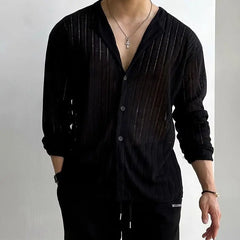 Autumn Hollow Design Knitted Cardigan Men T-shirt Korean Long Sleeve High-end Round Collar Button Holiday Hawaiian Shirt voguable