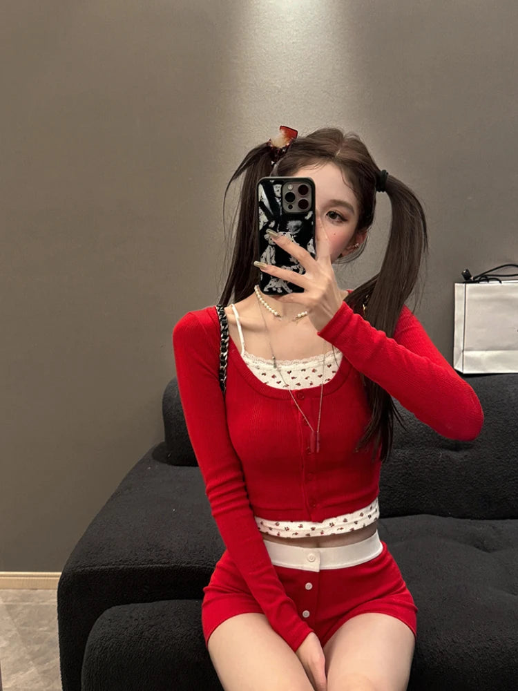 Voguable  2024 New Korean Fashion Party 3 Piece Set Woman Knitted Cardigan + Casual Short Vest + Slim Shorts Outwear Sweet Suit Female voguable