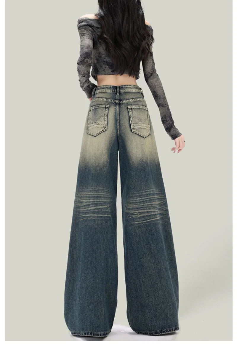Women Streetwear Retro Jeans Loose High Waist Y2K Denim Pants Casual American Harajuku Fall Female Pockets Wide Leg Trousers New voguable