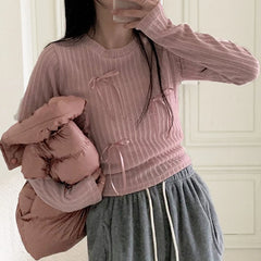Voguable Sweet Multi Bows Knitted Top Pink White Casual Basics Slim-fit Tops Autumn Spring Korean Style Kawaii Knitwear Autumn voguable