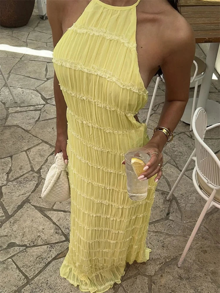 Spring Fashion Patchwork Long Dress For Women Lace-Up Backless High Waist Solid Holiday Beach Dress Ladies Maxi Dress voguable