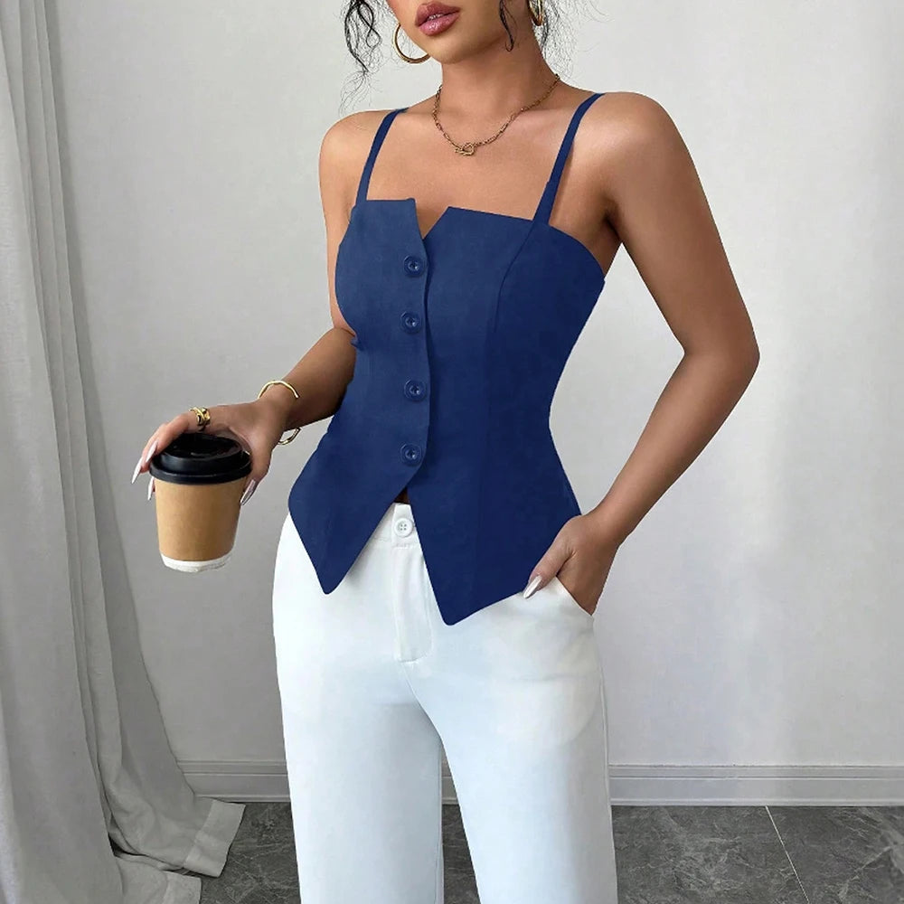 Tanks Spring Summer Skinny Fit Korean Single Breasted Sleeveless Square Neck Fashion Tanks For Women voguable