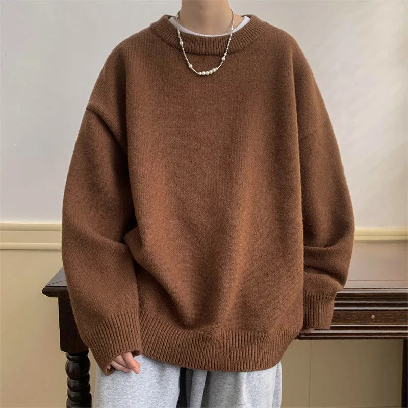 New Japanese Retro Men Knitted Sweater Light Luxury Casual O Neck Solid Color Long Sleeve Pullovers Loose High Street Knitwear voguable