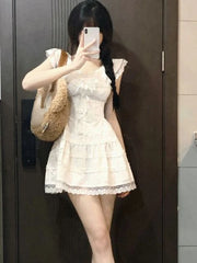 Voguable Summer Y2k Coquette White Lolita Sweet White Kawaii Cute Mini Dress Women Lace Bow Princess Slip Lace Short Dresses 2024 Fashion voguable