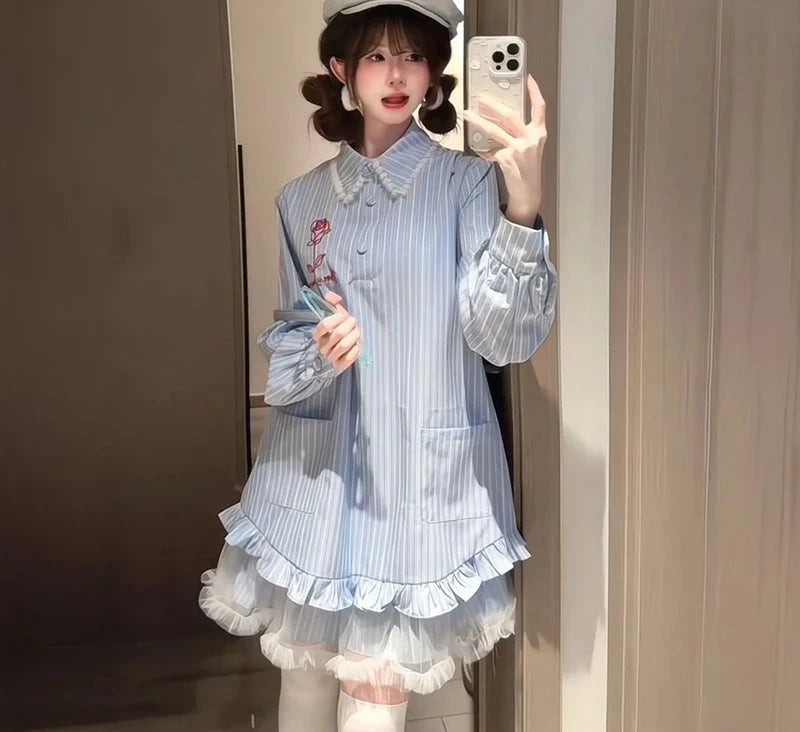 Lace Patchwork Striped Dress Women Sweet Floral Embroidery Mini Dress Fall Preppy Style Long Sleeve Cute Korean A Line Dress New voguable