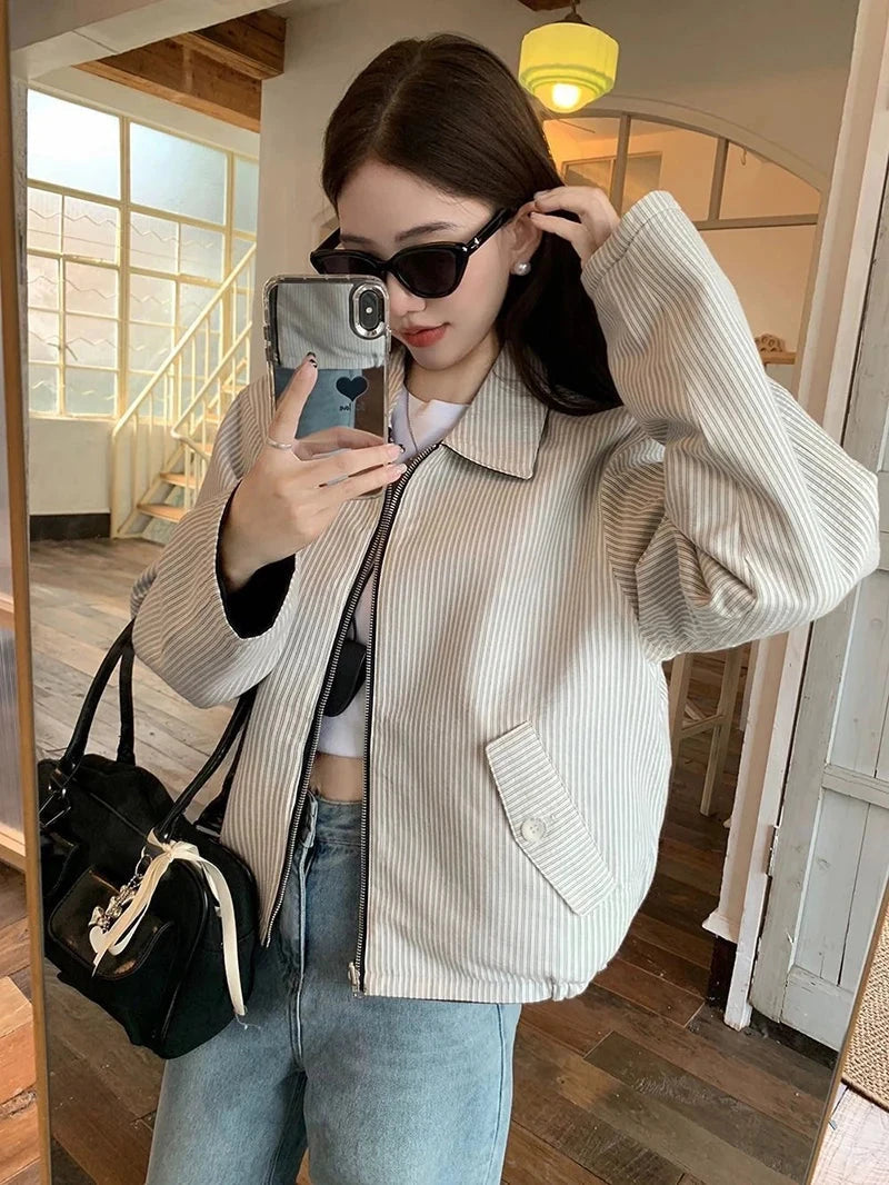 Striped Vintage Y2K Jacket Women Design Double Sided Wear Loose Streetwear Coat Casual American Fall Winter Long Sleeve Top voguable