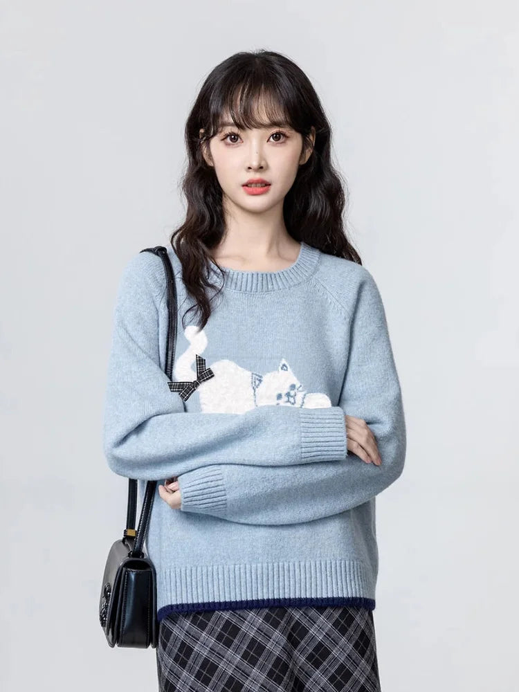 Cartoon Cat Print Kawaii Sweaters Women Sweet Bow Long Sleeve Cute Knitted Jumper Vintage Japan O Neck Casual Loose Pullovers voguable