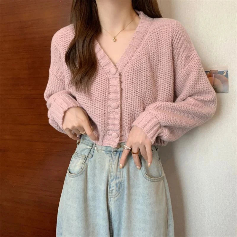 Sexy Cropped Sweet Cardigan Women V Neck Vintage Slim Long Sleeve Knitted Sweaters Korean Causal Simple Solid Lady Fall Tops New voguable