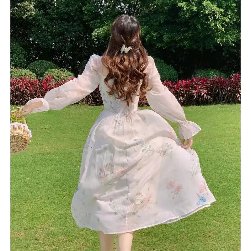 Voguable  Summer Elegant Floral Fairy Dress Woman Beach Style Party Long Sleeve Midi Dress Fashion French Style Chiffon Dress voguable