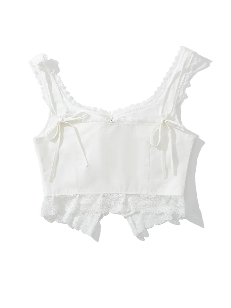 Voguable  New Fashion Women Lace Spliced White Tank Top Sleeveless Lace Up Sexy Collar Ladies Summer Crop Top voguable