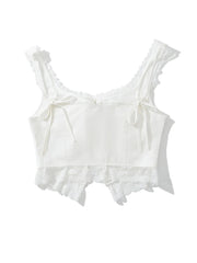 Voguable  New Fashion Women Lace Spliced White Tank Top Sleeveless Lace Up Sexy Collar Ladies Summer Crop Top voguable
