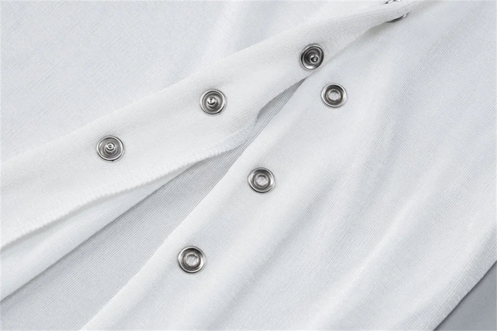 Voguable  O Neck Chic Side Single-breasted White Women Dress Sleeveless Temperament Split Slim Bag Hip Bodycon Lady Holiday Going Out Gown voguable