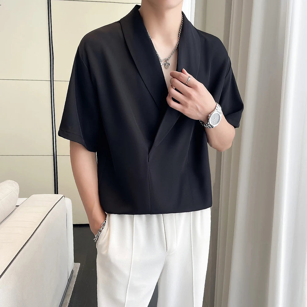 Solid Color Men Apple Collar T Shirt Unique Design Streetwear Fashion Casual Top Trendy Street Performance Tee Comfort Urban voguable
