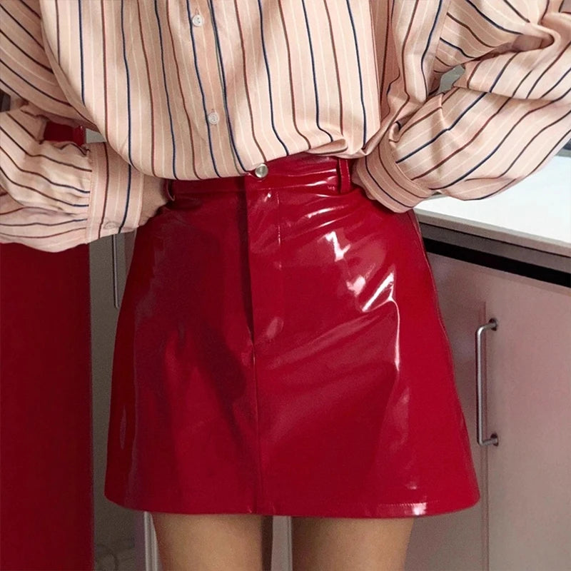 Voguable  Women Y2k Red Bright Faux Pu High Waist Button Mini Skirts Elegant Fashion Slim Fit Party Evening All-match Skirts voguable