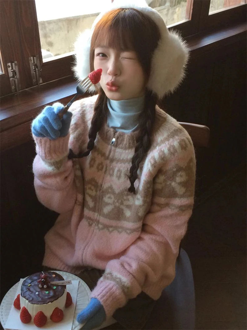 Vintage Print Knitted Cardigan Women Japanese Long Sleeve Sweater Outerwear Winter Aesthetic Pink Knitwear Korean Jumpers voguable