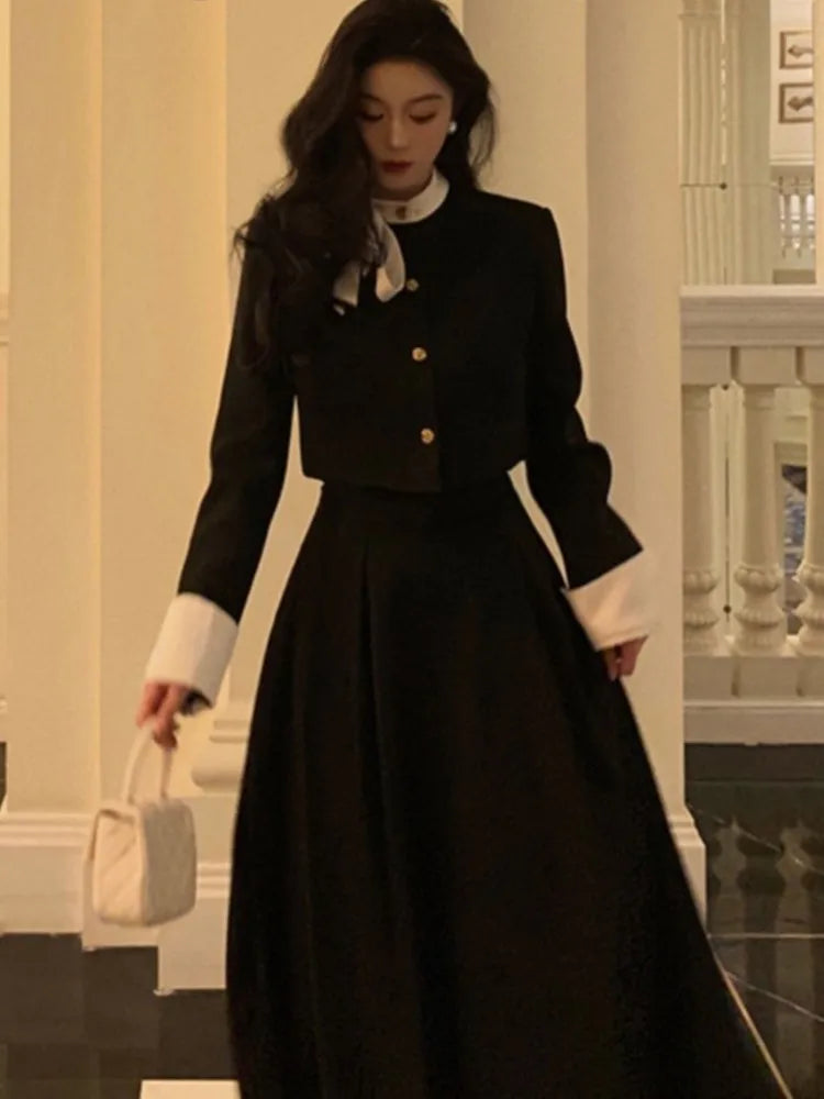 Women Elegant Korean 2 Piece Set Autumn Trend Lace Up Single Breasted Blazer Hight Waist Skirt Suit Office Lady Black Outfits voguable