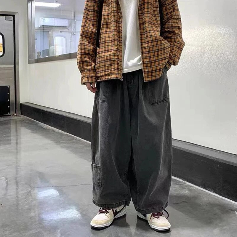 Streetwear  multi-pocket jeans cargo pantsLoose Plus Size Wide Leg Pants Japanese Harajuku Casual Denim Pants Men Clothing voguable
