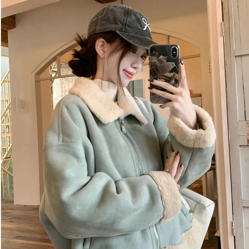 Faux Suede Lamb Jackets Women Winter Warm Thick Sweet Cute Short Coat Korean Vintage Loose Long Sleeve Preppy Style Tops voguable