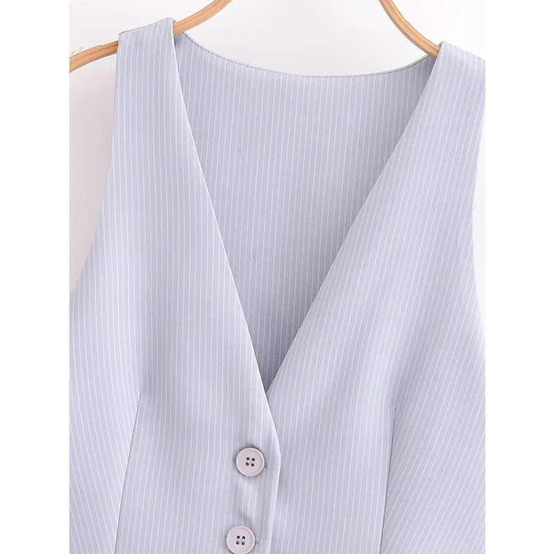 Women Patchwork Striped Temperament Vest Front Button V Neck Sleeveless Waistcoat Spring Summer Chic Tops voguable