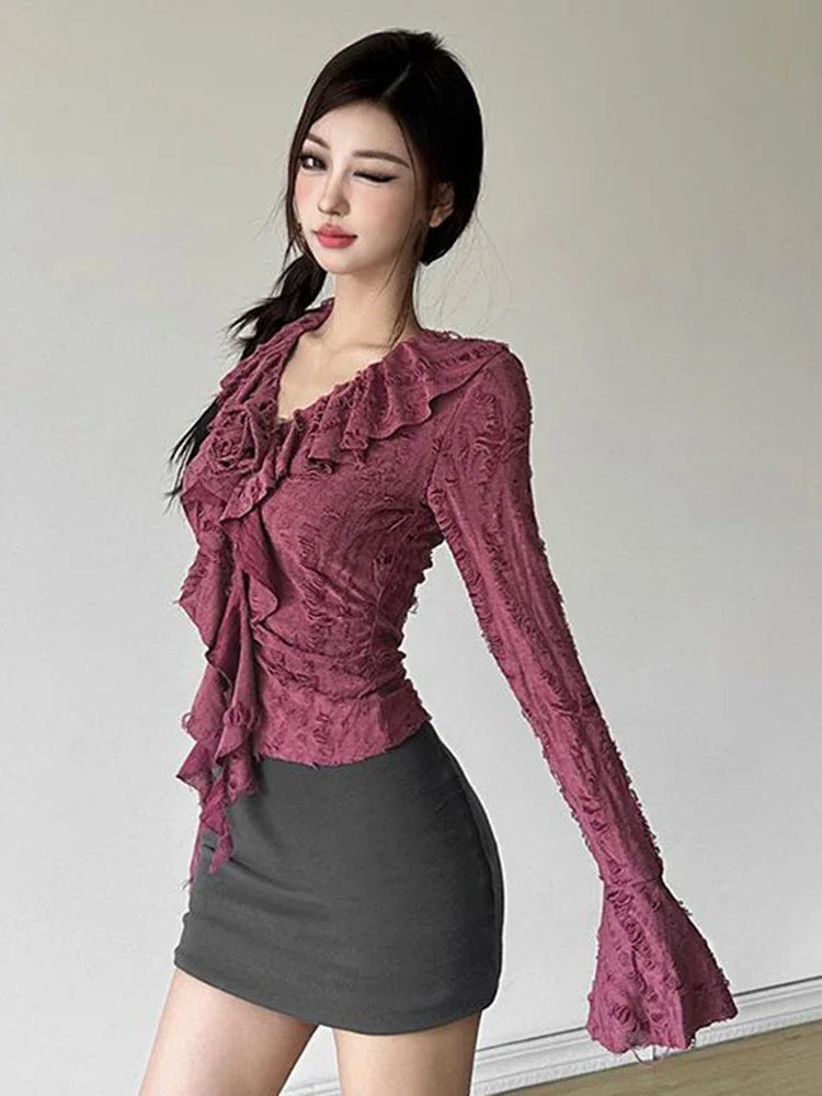 3D Floral Ruffles Y2K T Shirts Women Slim Long Sleeve Hole Gothic Tops Streetwear Harajuku Vintage Lady V Neck Design Tees voguable