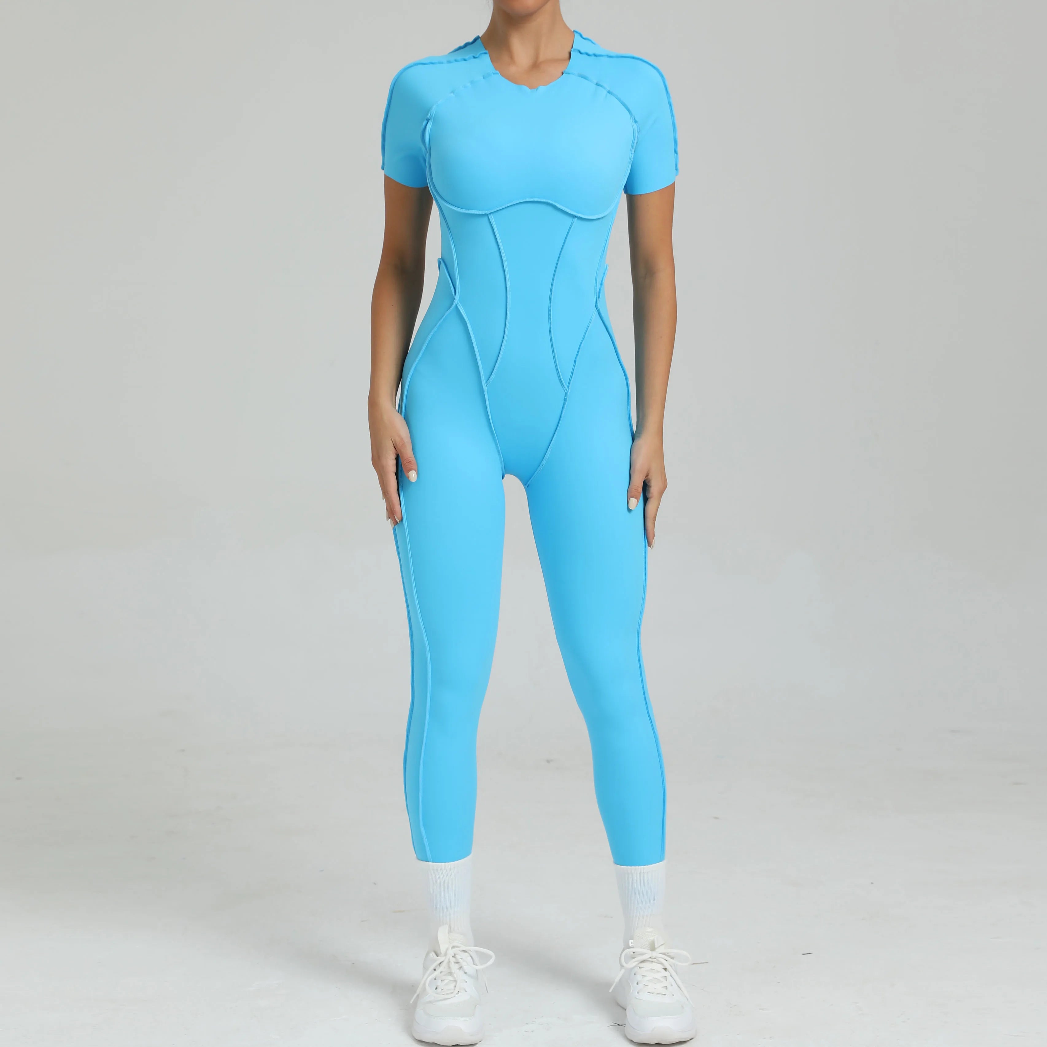 Voguable  Women's One-Piece Suit Zipper Short Sleeve Gym Push Up Workout Clothes Fitness Short Bodysuit Sportswear Jumpsuits voguable