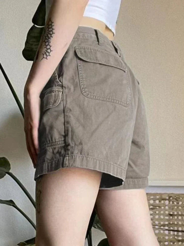 HOUZHOU Y2k Vintage Streetwear Cargo Denim Shorts Women American Retro Harajuku Solid Loose Jeans Casual Pocket 2024 Summer Chic voguable