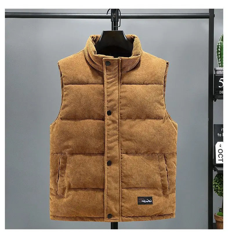 Vests Jacket Men Autumn Winter Stand Collar Warm Sleeveless Leisure Down Cotton-Padded Vest Coat Thickened Corduroy Warm Coat voguable