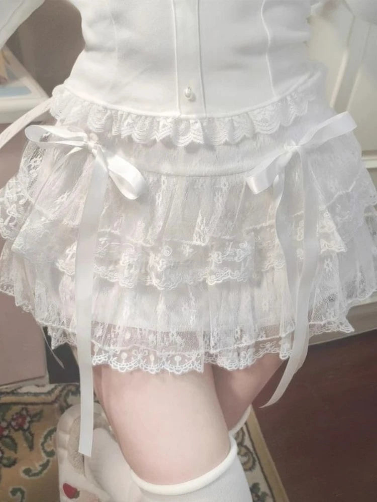 Sweet Kawaii Skirts Women Lolita Coquette Lace Bow Patchwork Mini Skirt White High Waist Cute Summer A-line Short Skirt voguable