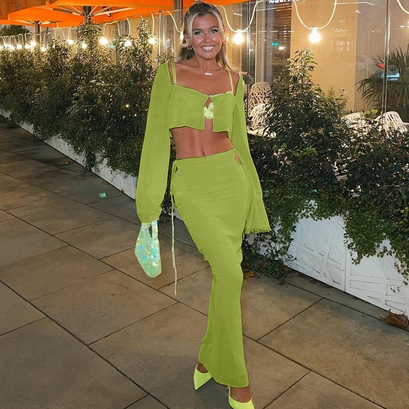 Elegant Fashion Long Sleeve See Through Cutout Cropped Cardigan Maxi Skirt 2 Pieces Sets Outfits Women Dress Sets voguable